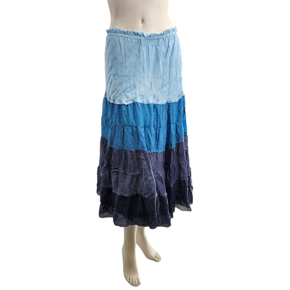 Chan Luu Silk Tiered Midi Peasant Skirt Prairie Cottagecore Fairycore Colorblock